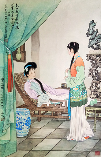 《黛玉与紫娟》规格：45x66cm  1985年6月作(黄均老师题款)